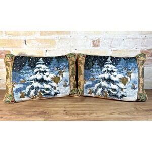 Winter Forest Tapestry 2 Pillows Deer Fawn Tree Christmas USA Riverdale Vintage